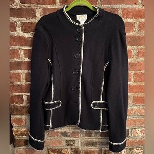 Talbots 100% Merino Wool Black Blazer, White Piping, Buttoned Collar